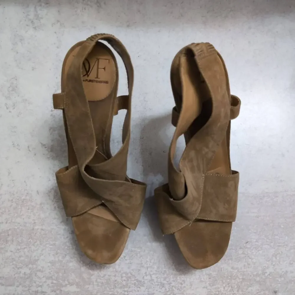 Diane von Furstenberg Zia Crisscross Suede Platform Heels Slingback Sandals 9.5M